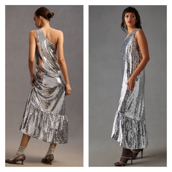 MAEVE Anthropologie One Shoulder Sequin Ruffle Maxi Dress Silver Medium NWT - Picture 6 of 11